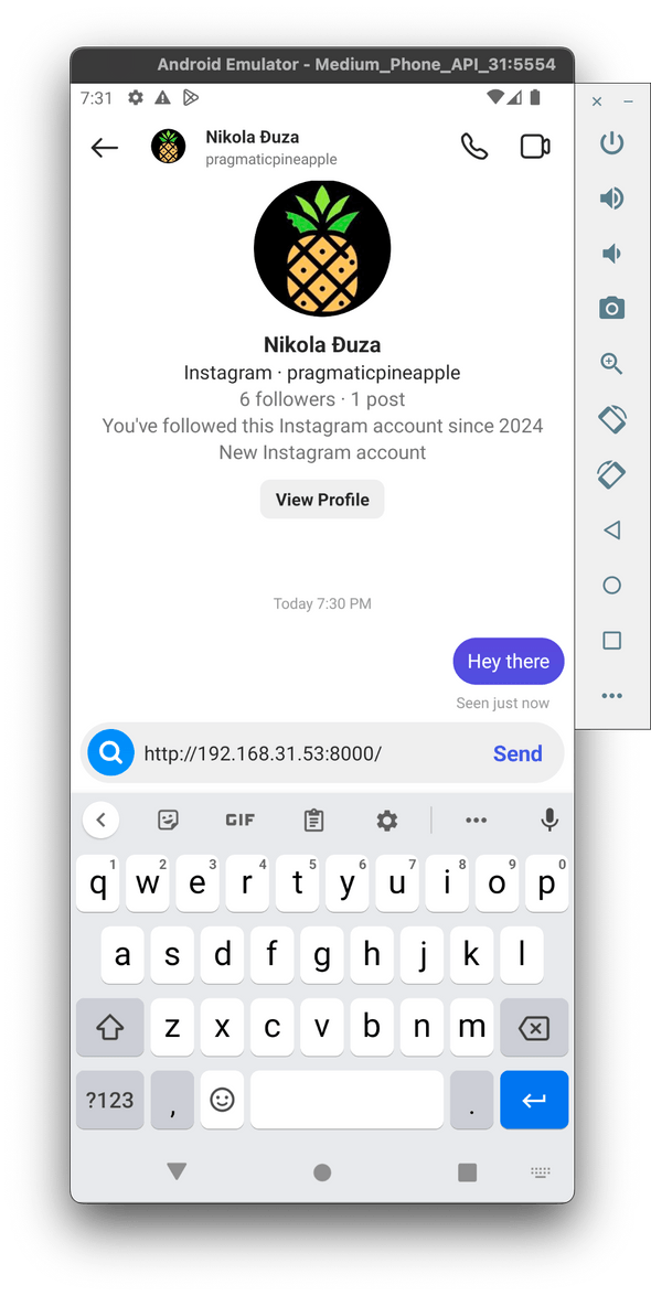 Android emulator send Instagram message