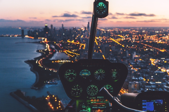 Helicopter flying over a city