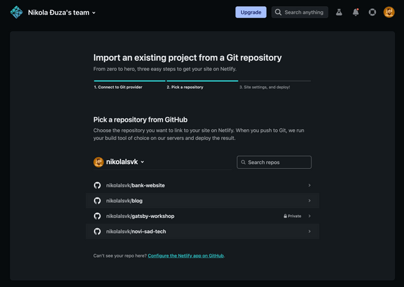 Choose a repo on Netlify