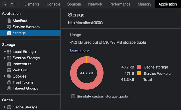 Storage section in Application tab of Google Chrome DevTools, showing current storage size occupied by cache
