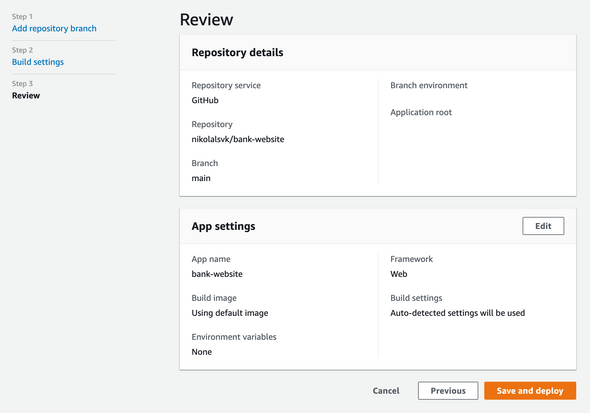 Save settings and deploy via AWS Amplify