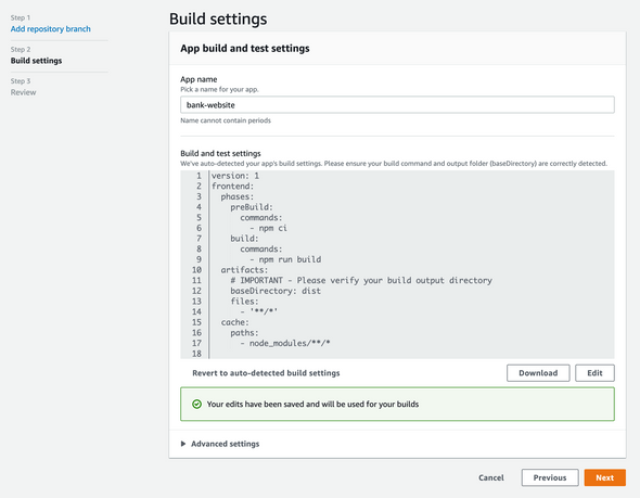 Confirm build setting in AWS Amplify
