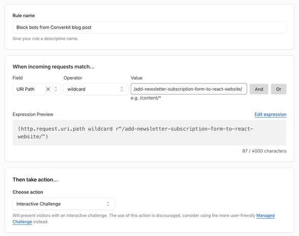 Cloudflare custom rule that serves an interactive challenge for the newsletter tutorial path